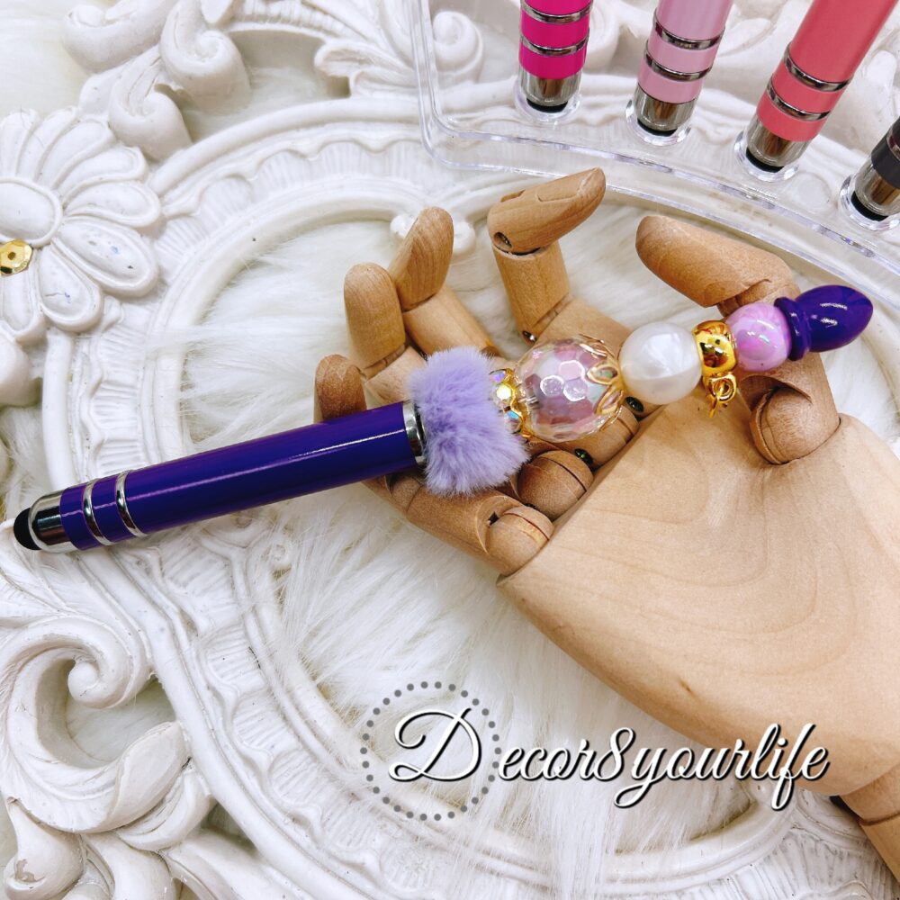 Hello Kitty Beaded Stylus Pens with faux fur poms in assorted colors, featuring licensed Sanrio Hello Kitty charms and colorful beads.