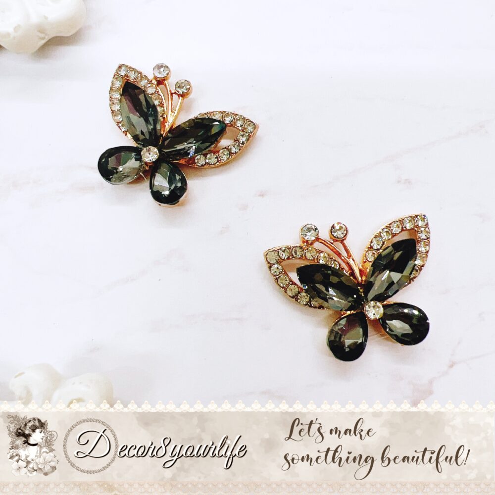 Rhinestone Butterfly with Black Crystal Flat-Back Button Embellishment