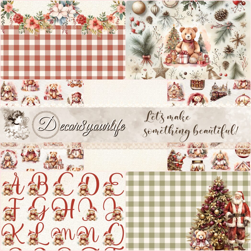 Holiday scrapbook paper collection with teddy bear designs, plaid backgrounds, and festive Christmas patterns, perfect for DIY crafts and handmade cards