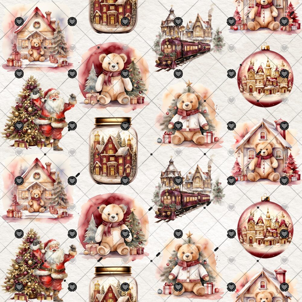 A Beary Merry Christmas scrapbook paper collection by Decor8yourlife, featuring teddy bear holiday designs, vintage Christmas elements, and warm cozy colors on acid-free cardstock