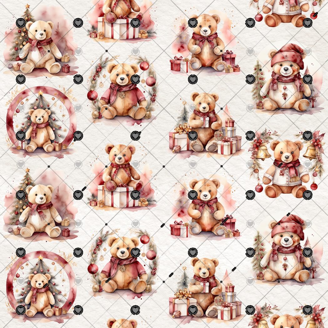 A Beary Merry Christmas scrapbook paper collection by Decor8yourlife, featuring teddy bear holiday designs, vintage Christmas elements, and warm cozy colors on acid-free cardstock