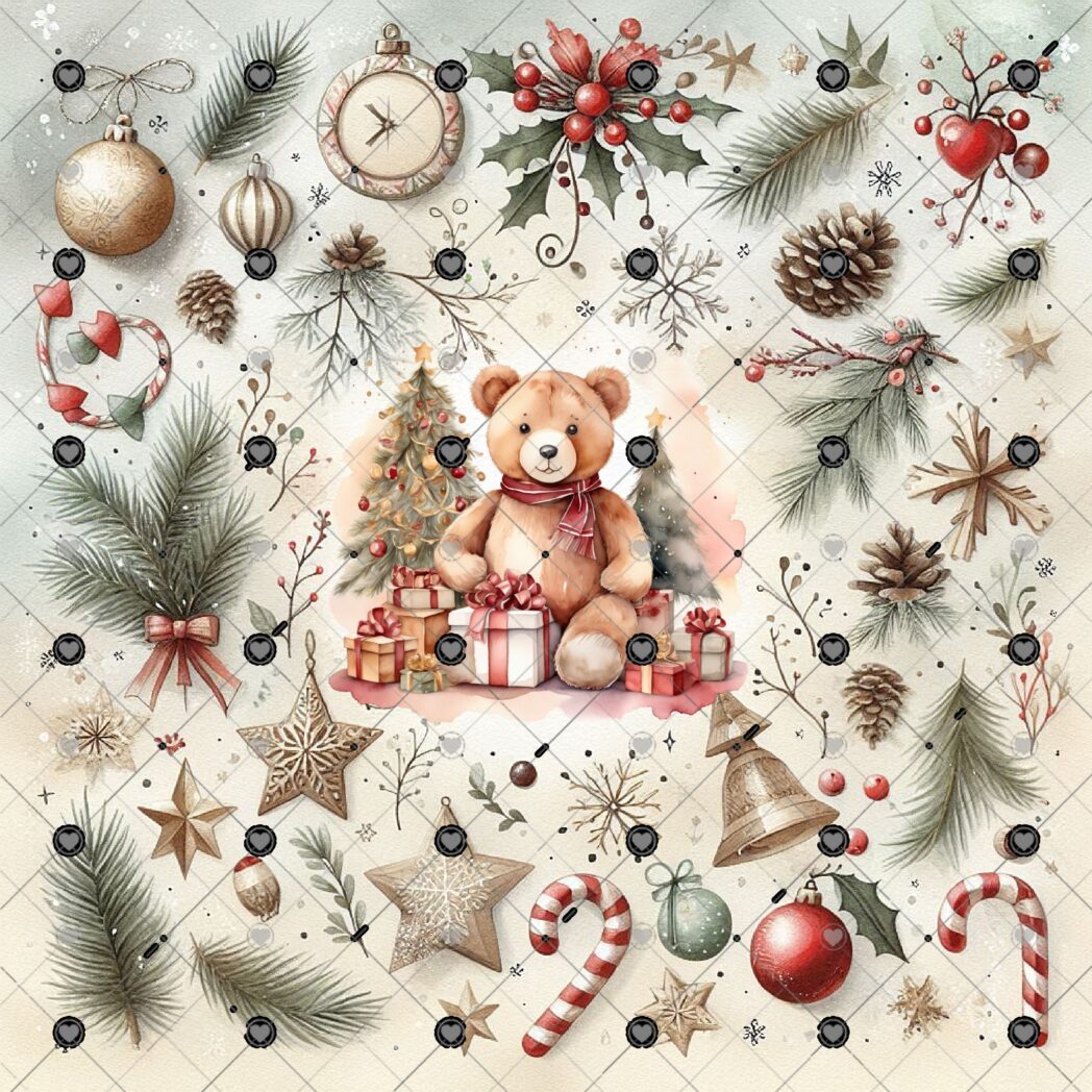 Holiday scrapbook paper collection with teddy bear designs, plaid backgrounds, and festive Christmas patterns, perfect for DIY crafts and handmade cards