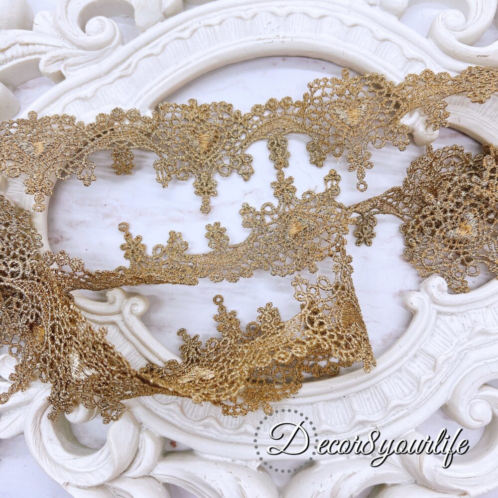 gold embroidered Venice trim, intricately designed for sewing and crafting projects.