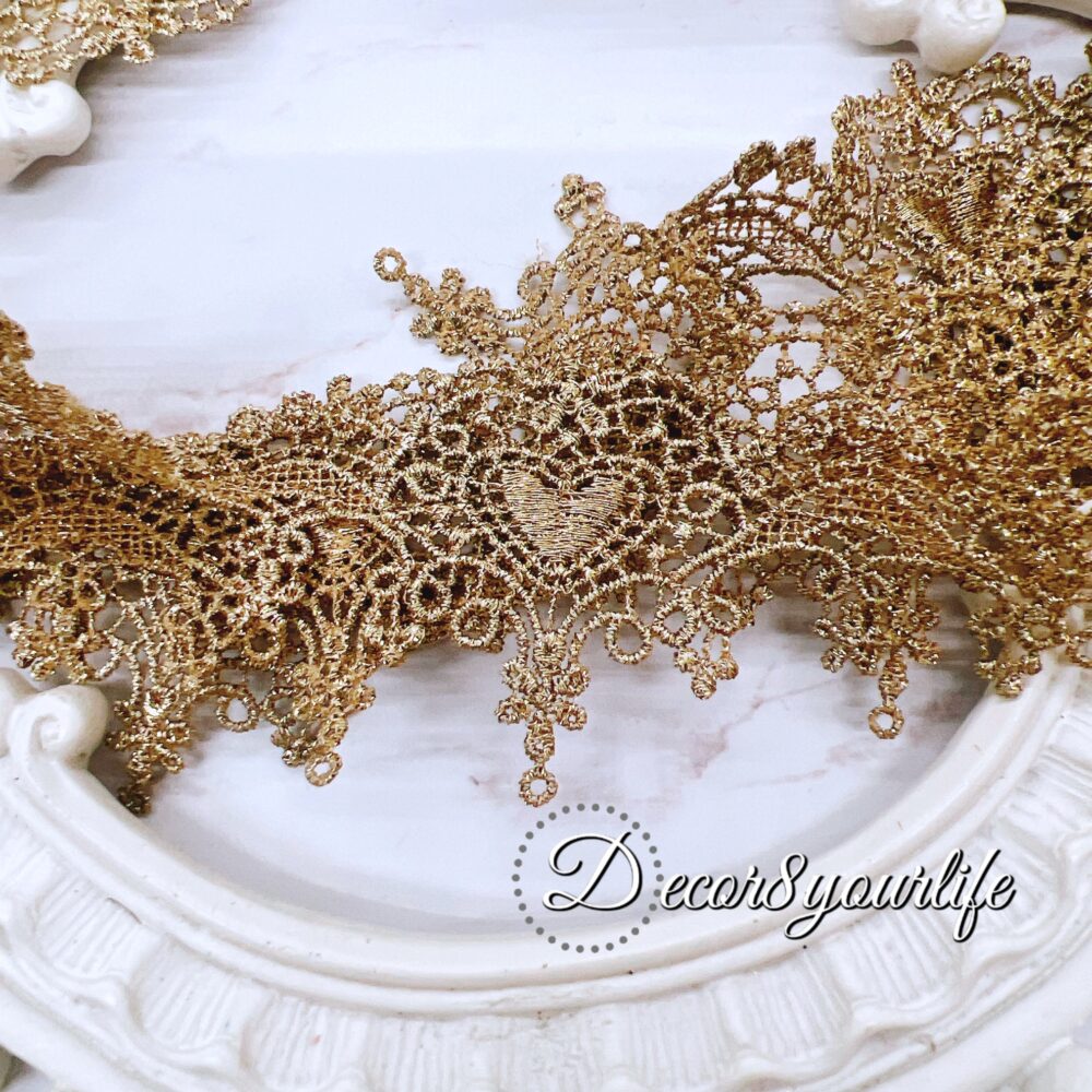 gold embroidered Venice trim, intricately designed for sewing and crafting projects.