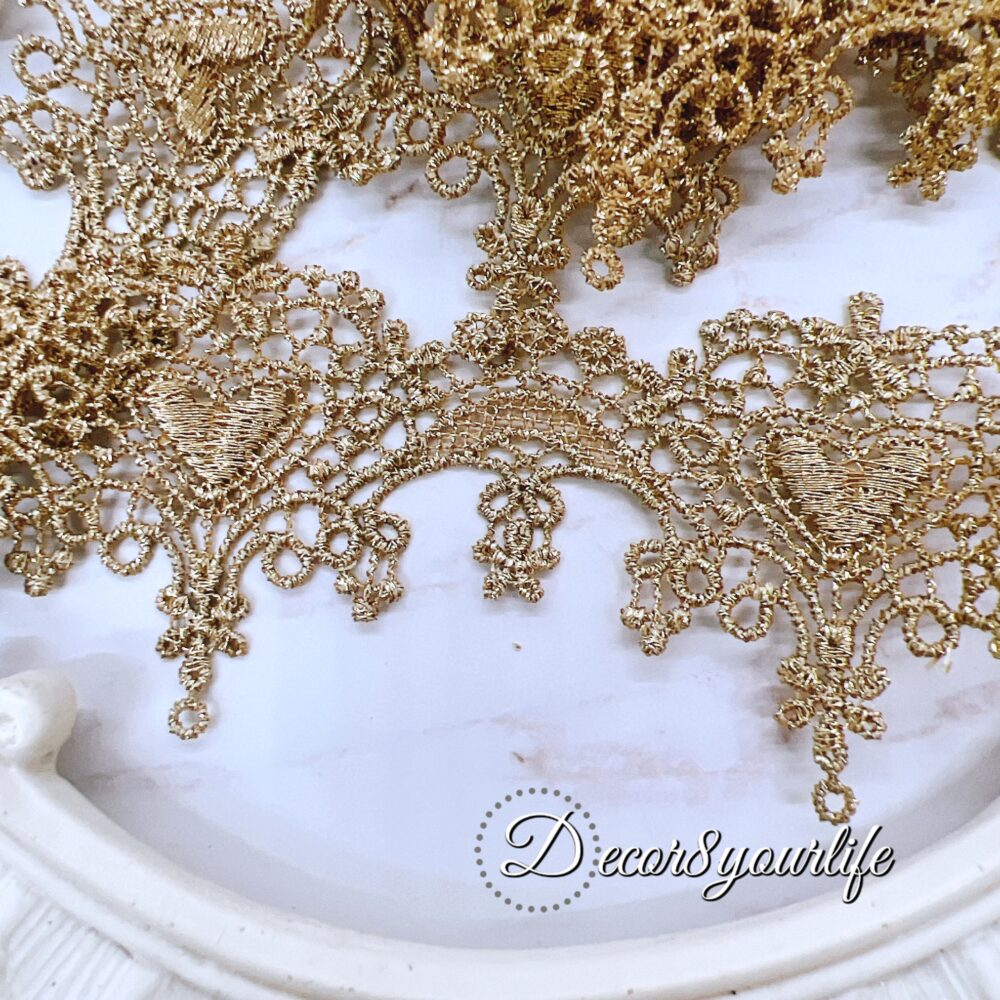 gold embroidered Venice trim, intricately designed for sewing and crafting projects.