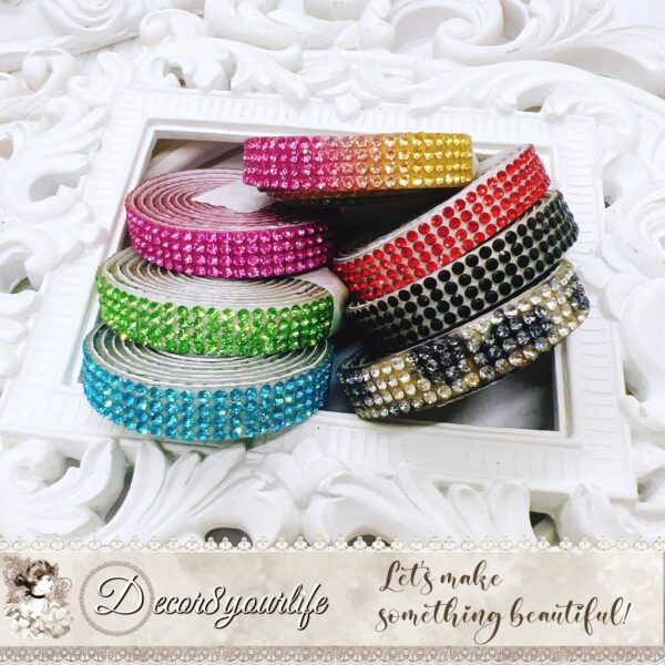 Colorful rhinestone strips for crafting, 35 inches long with adhesive backing, used for beaded pen projects and more.