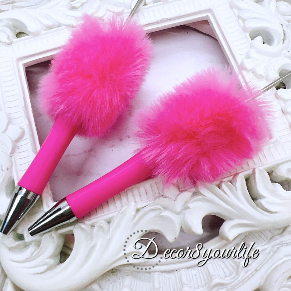 magenta faux fur beadable pen,beaded pen supplies