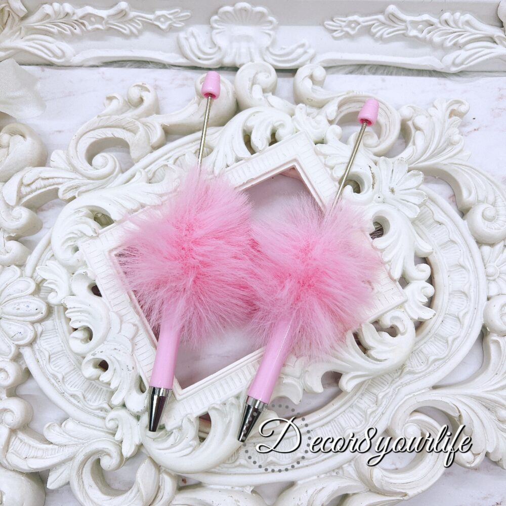 pastel pink faux fur beadable pens, beaded pen supplies