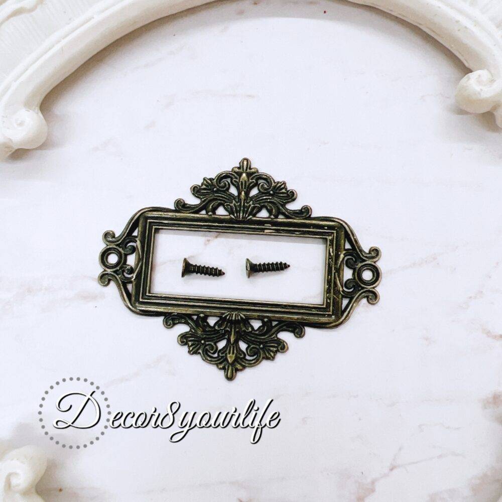 Elegant antique metal label holders for crafts – vintage-style label frames with screws, ideal for scrapbooks, journals, mini albums, and mixed media projects.