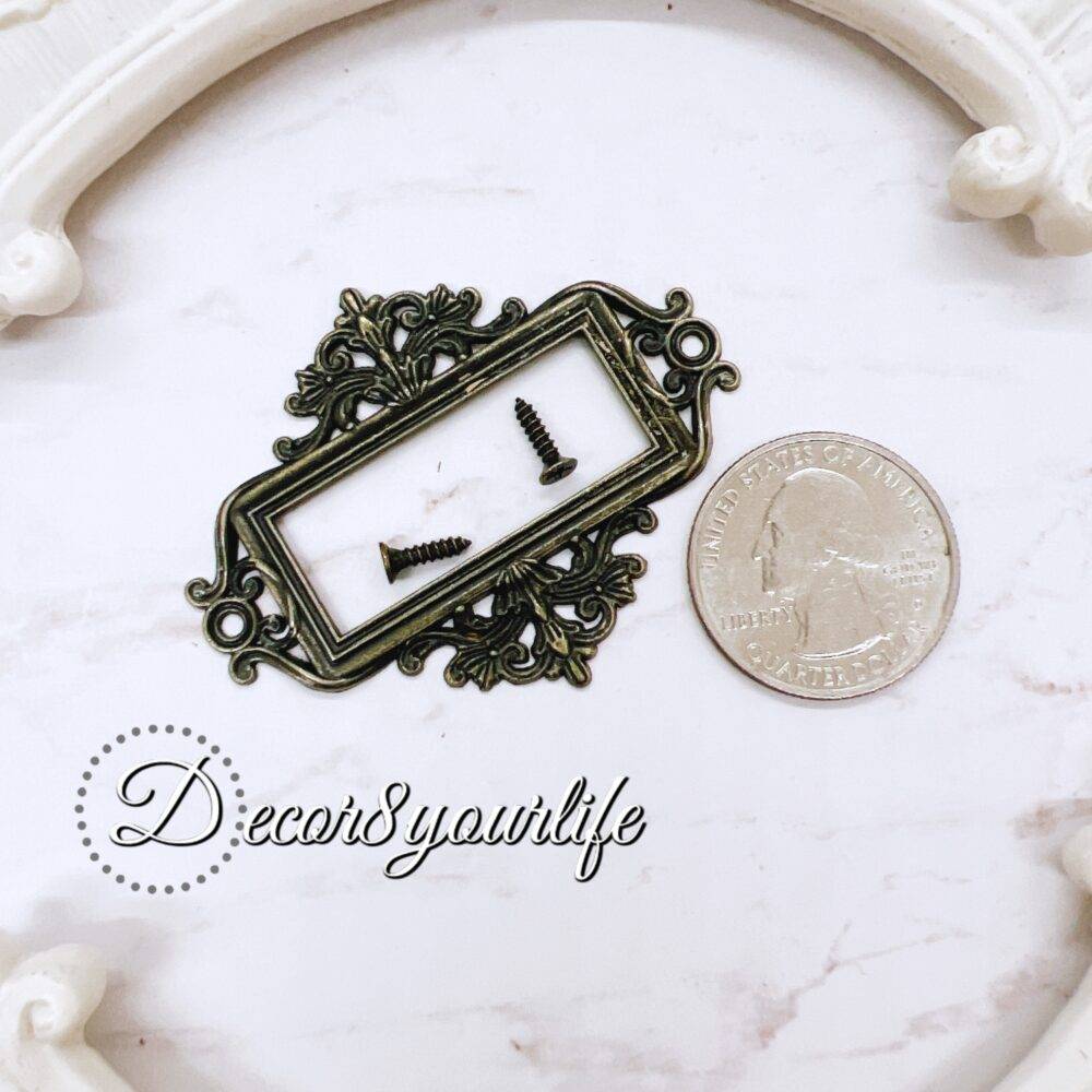 Elegant antique metal label holders for crafts – vintage-style label frames with screws, ideal for scrapbooks, journals, mini albums, and mixed media projects.