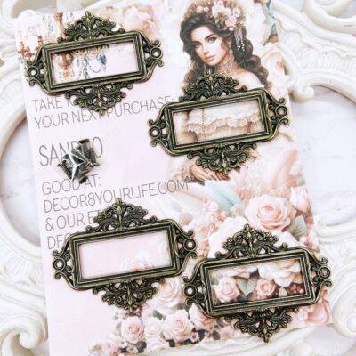 Elegant antique metal label holders for crafts – vintage-style label frames with screws, ideal for scrapbooks, journals, mini albums, and mixed media projects.