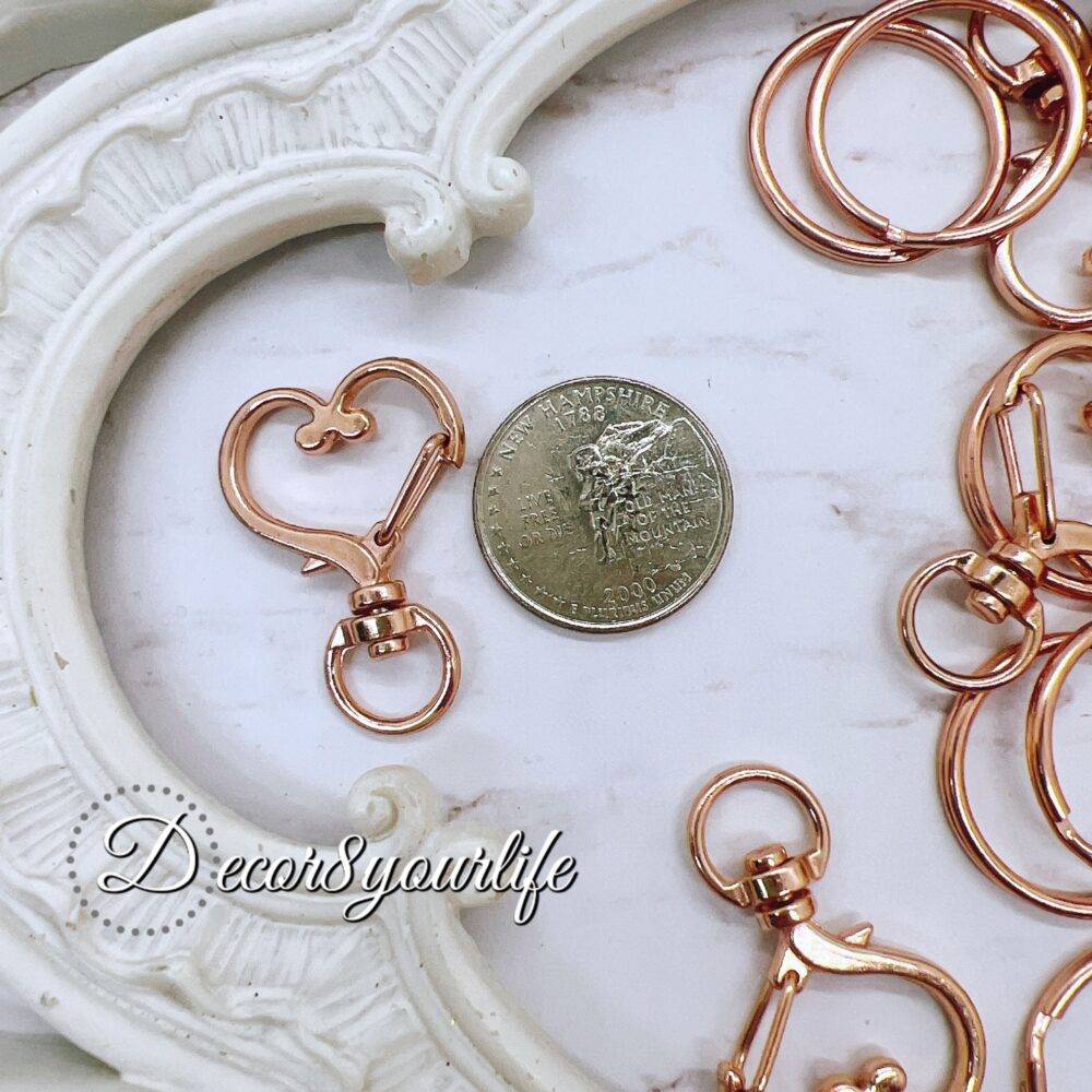 Heart Shaped Rose Gold Rotary Clasps and Key Ring Set,Rose gold rotary clasp and key ring set with heart-shaped detail, perfect for crafting keychains, bag charms, and lanyards