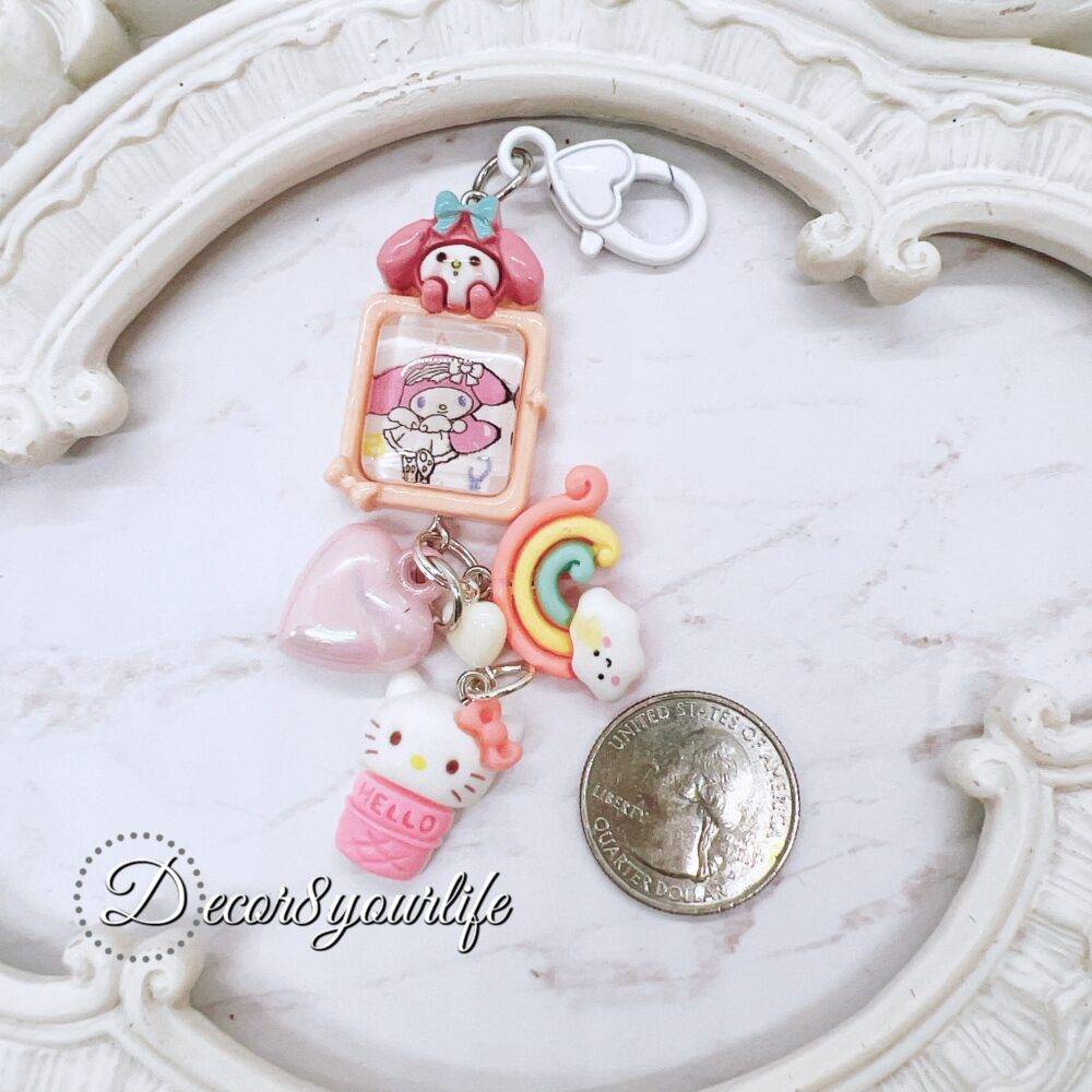 Handmade Hello Kitty key chain in pastel candy colors featuring Sanrio characters, perfect stocking stuffer or gift for friends