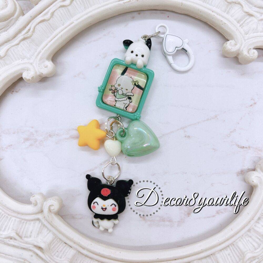 Handmade Hello Kitty key chain in pastel candy colors featuring Sanrio characters, perfect stocking stuffer or gift for friends