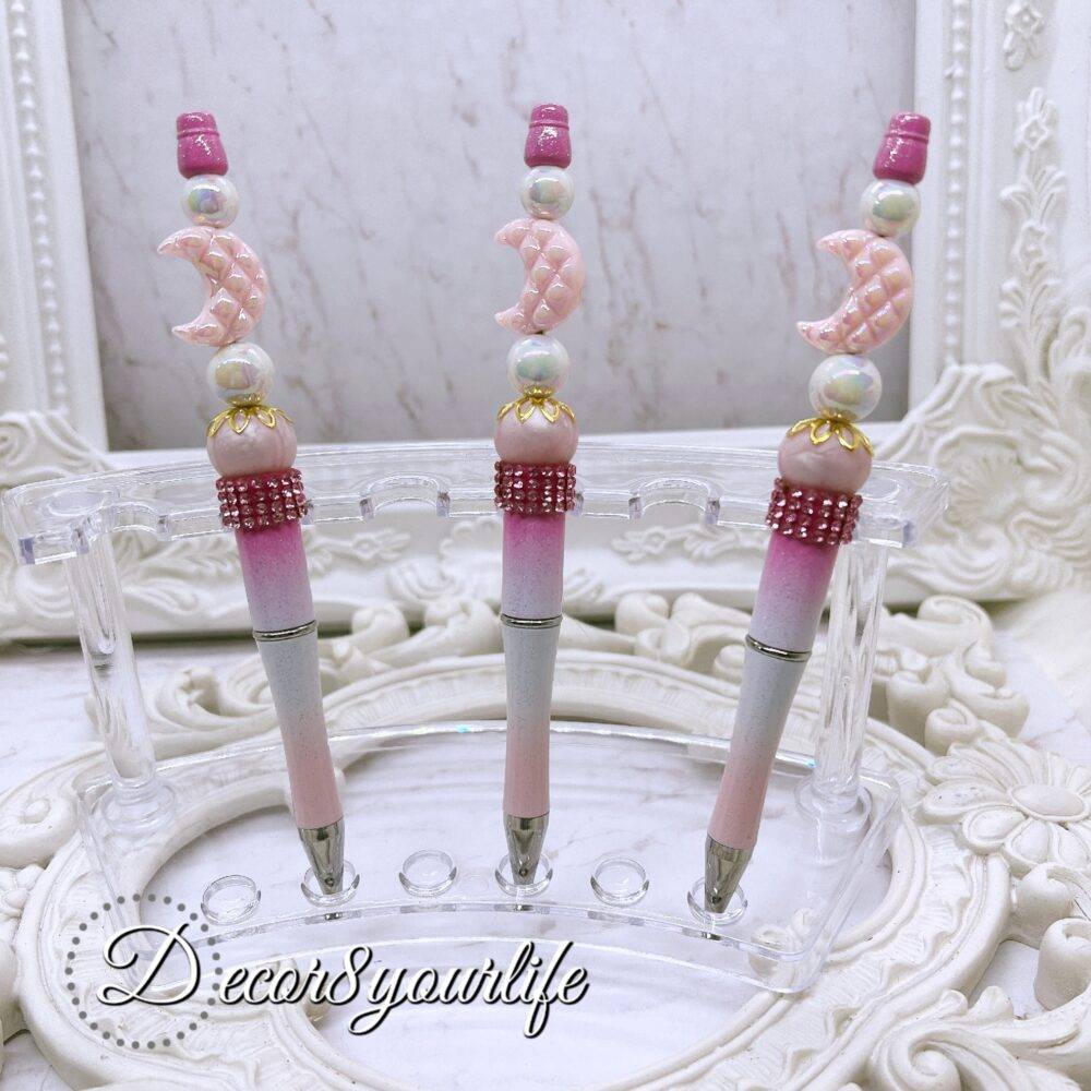 Elegant Beaded Pen, Pink Ombre with Pink Moon Acrylic Bead and Sparkles | 1 Pen Per Pack| Black Ink | Gifts for Her