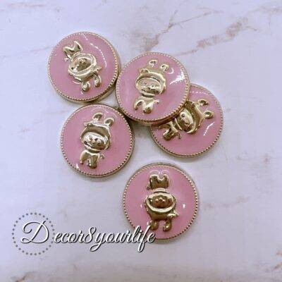 Pink Cute Character Coin Flat-back Acrylic Buttons with Gold Accents for Crafts