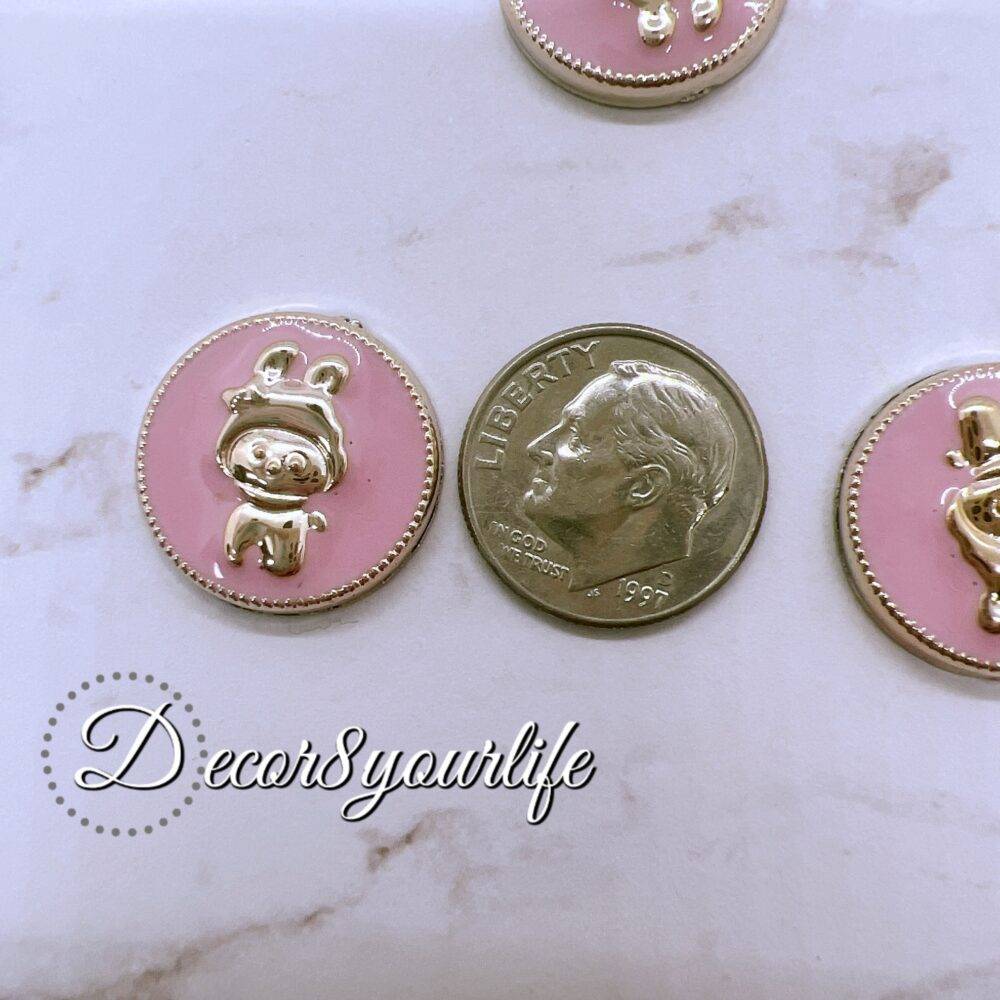 Pink Cute Character Coin Flat-back Acrylic Buttons with Gold Accents for Crafts