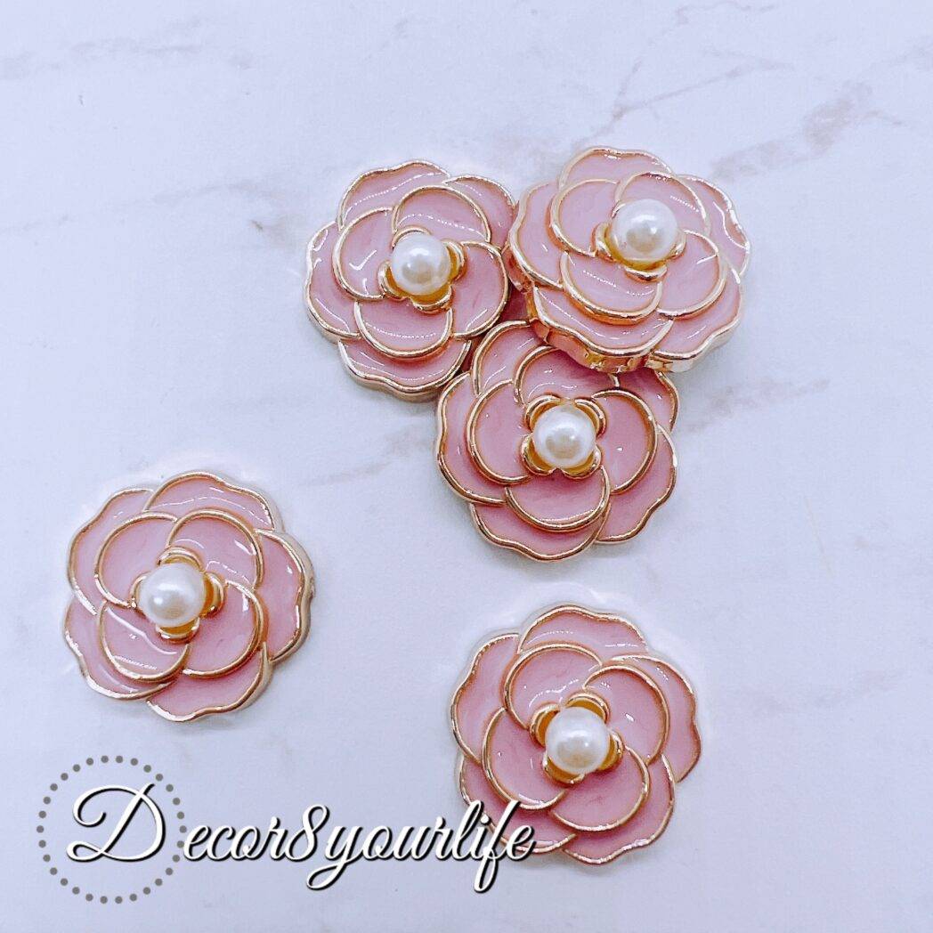 Pink Flat-back Acrylic Buttons with Gold Accents for Crafts