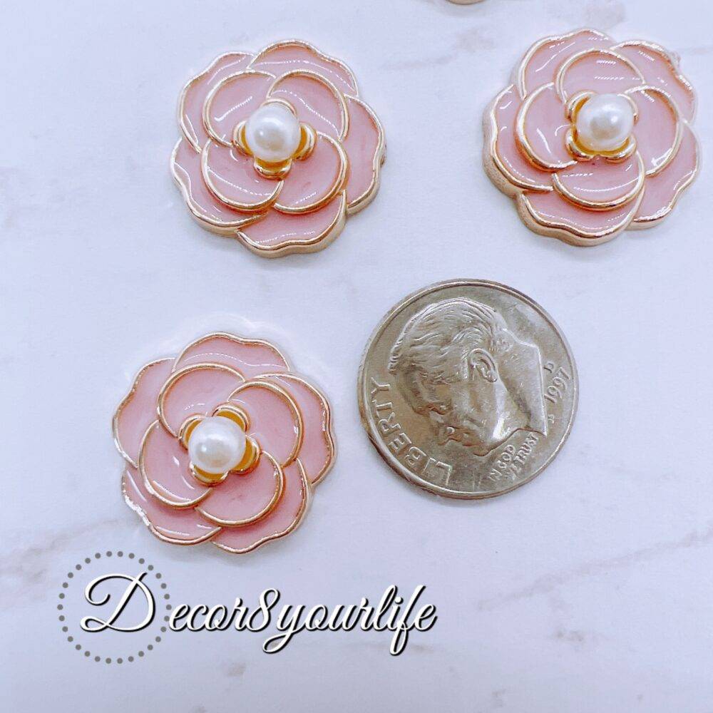 Pink Flat-back Acrylic Buttons with Gold Accents for Crafts