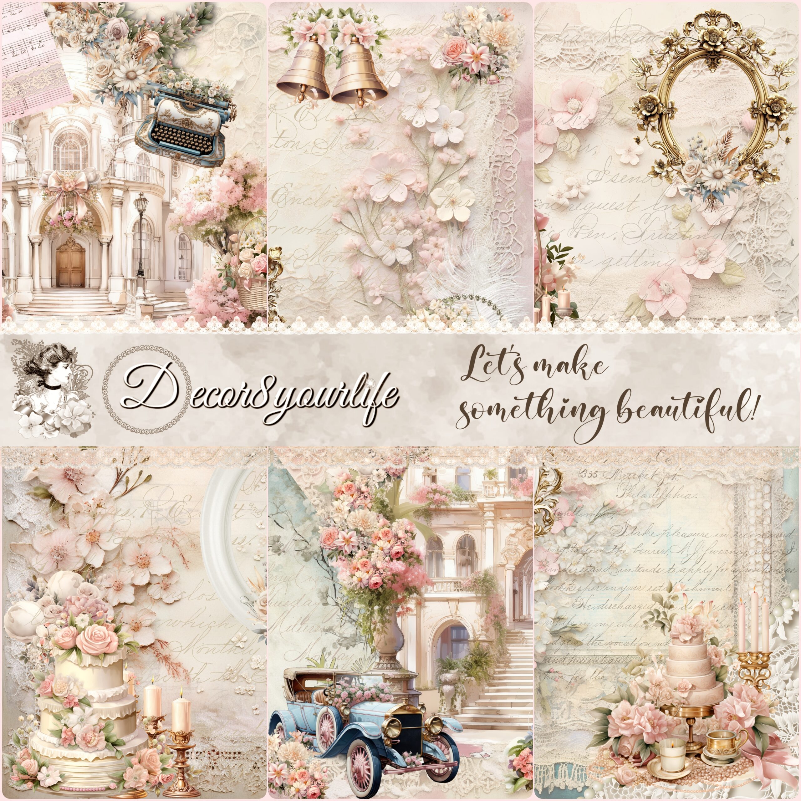 She Said Yes! Shabby Chic Wedding Scrapbook Paper Pack by Decor8yourlife - 12 single-sided vintage-inspired sheets, 8.25 x 8.25 inches.