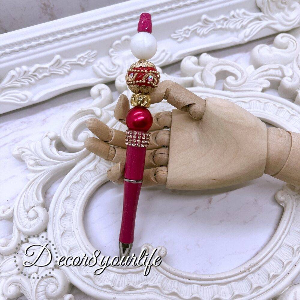 Elegant Bejeweled Fuchsia Beaded Pen