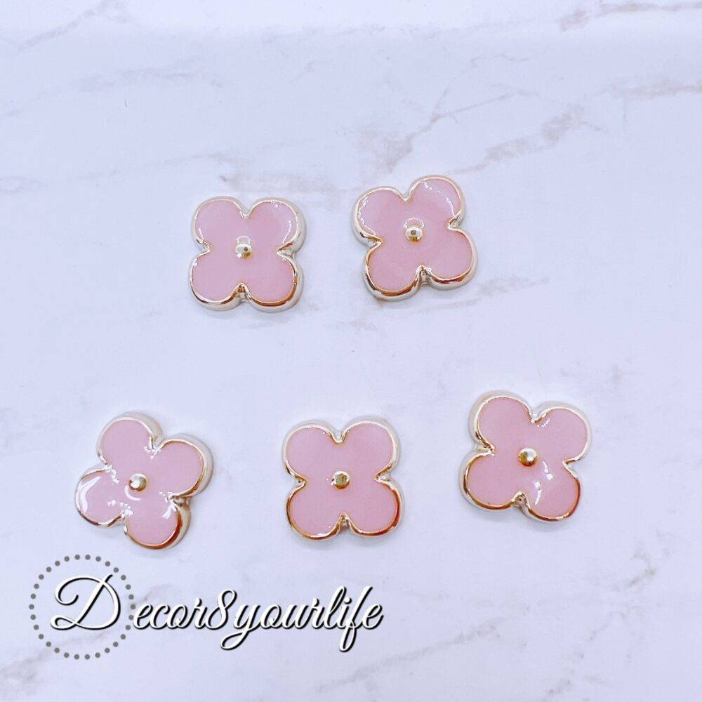 Pink Flower Flat-back Acrylic Buttons with Gold Accents for Crafts