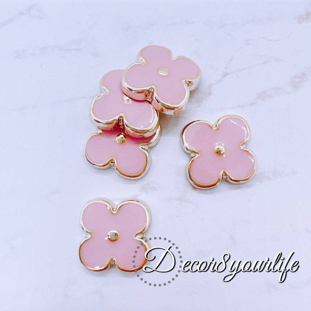 Pink Flower Flat-back Acrylic Buttons with Gold Accents for Crafts