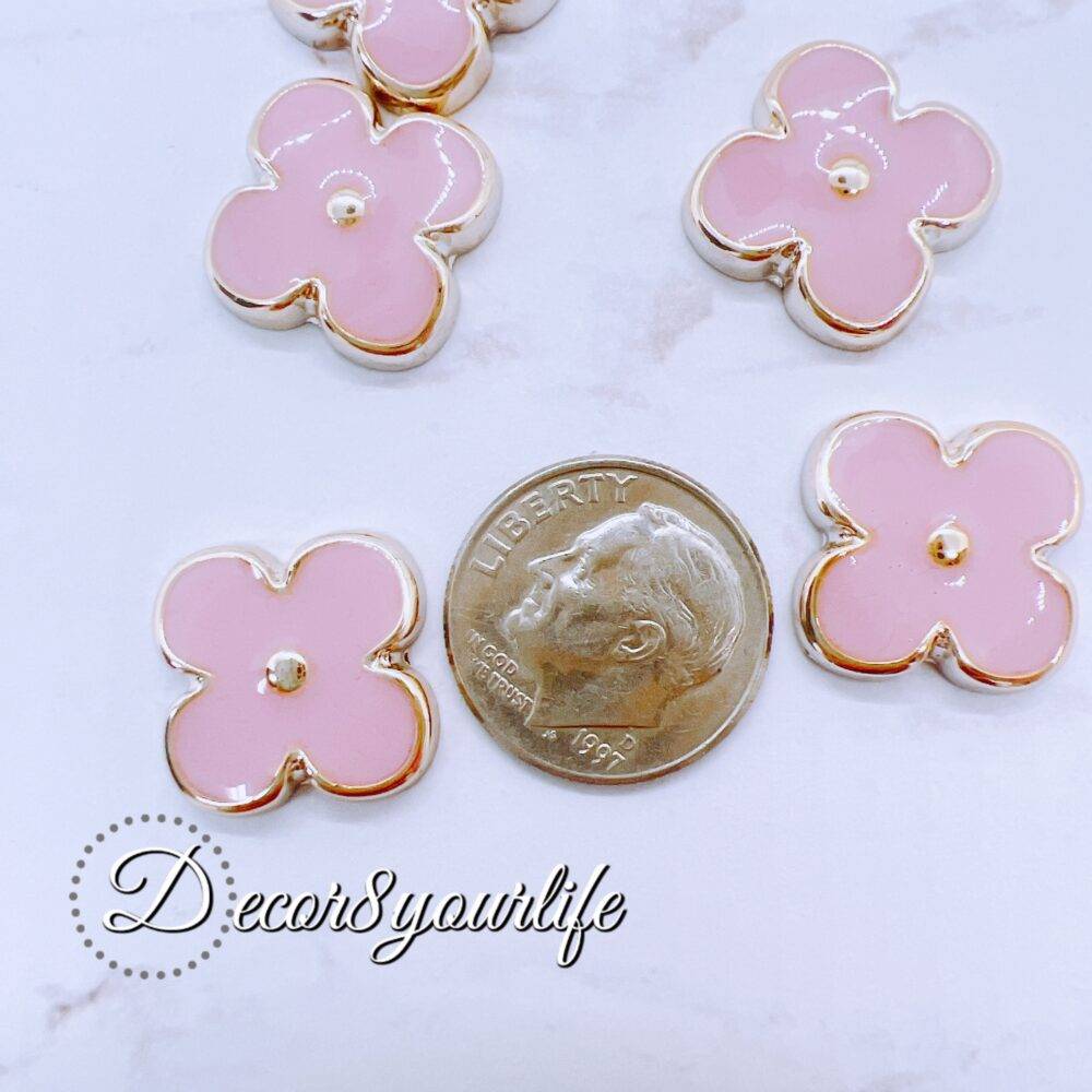 Pink Flower Flat-back Acrylic Buttons with Gold Accents for Crafts