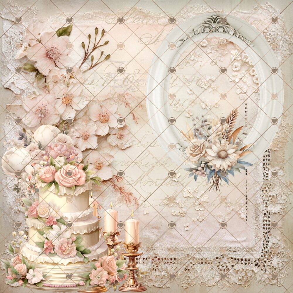 She Said Yes! Shabby Chic Wedding Scrapbook Paper Pack by Decor8yourlife - 12 single-sided vintage-inspired sheets, 8.25 x 8.25 inches.