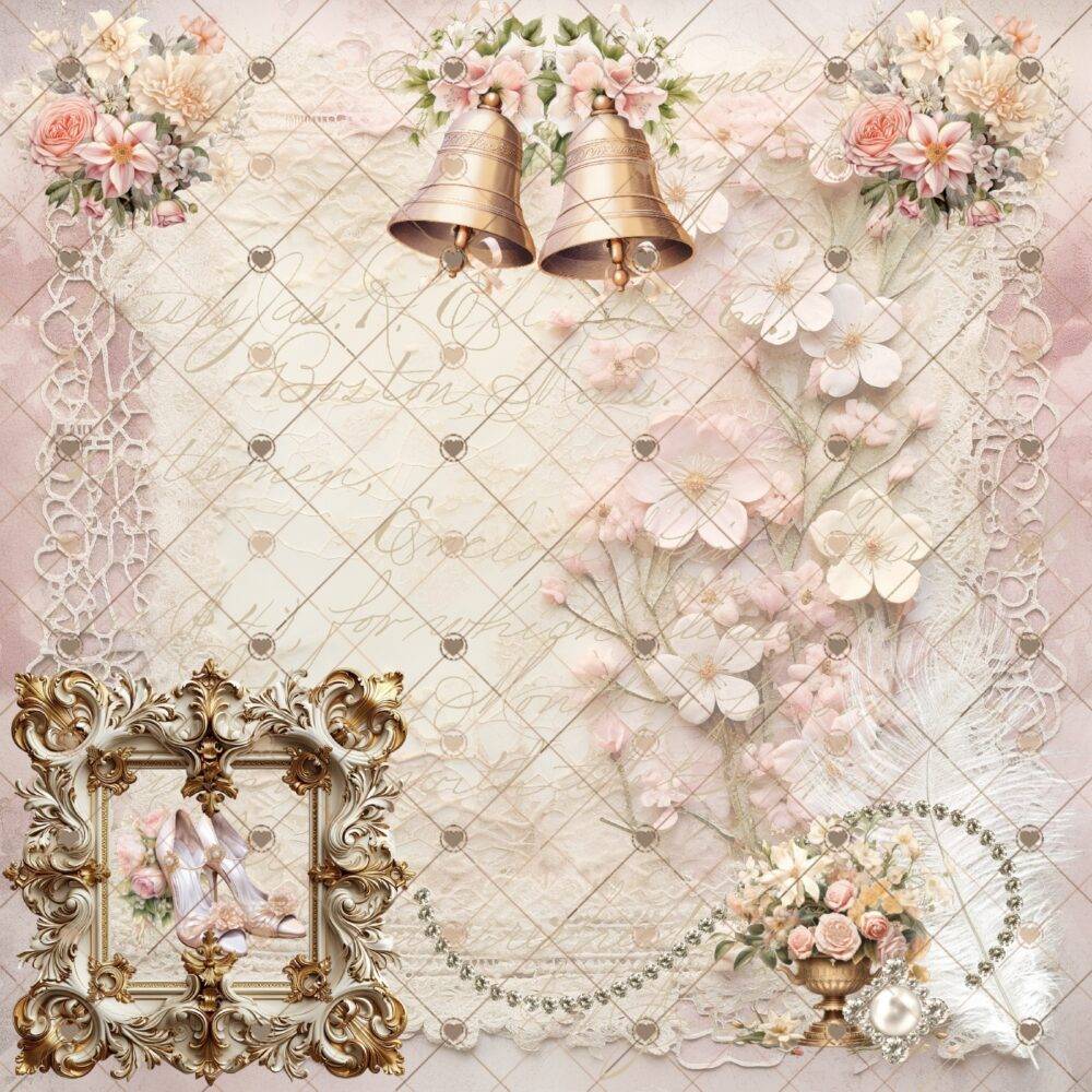 She Said Yes! Shabby Chic Wedding Scrapbook Paper Pack by Decor8yourlife - 12 single-sided vintage-inspired sheets, 8.25 x 8.25 inches.