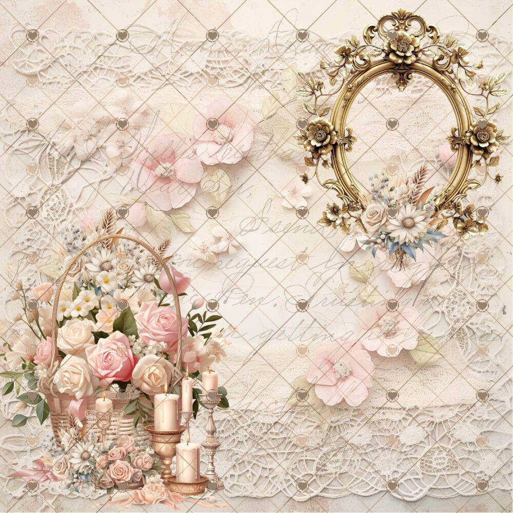 She Said Yes! Shabby Chic Wedding Scrapbook Paper Pack by Decor8yourlife - 12 single-sided vintage-inspired sheets, 8.25 x 8.25 inches.