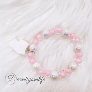 Hello Kitty beaded bracelet for girls, handmade with quality pink and white beads, Hello Kitty charm, and durable 0.5mm stretch cord, perfect for kids' accessories and gifts.