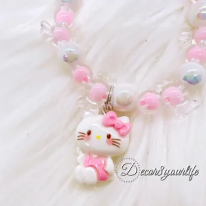 Hello Kitty beaded bracelet for girls, handmade with quality pink and white beads, Hello Kitty charm, and durable 0.5mm stretch cord, perfect for kids' accessories and gifts.
