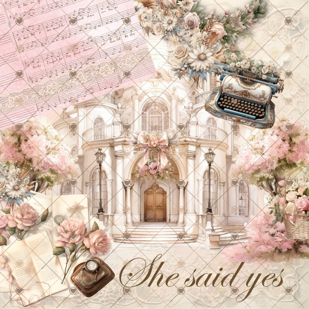 She Said Yes! Digital Shabby Chic Wedding Scrapbook Paper Collection by Decor8yourlife. Perfect for wedding-themed scrapbooks, cards, and invitations. Download instantly!