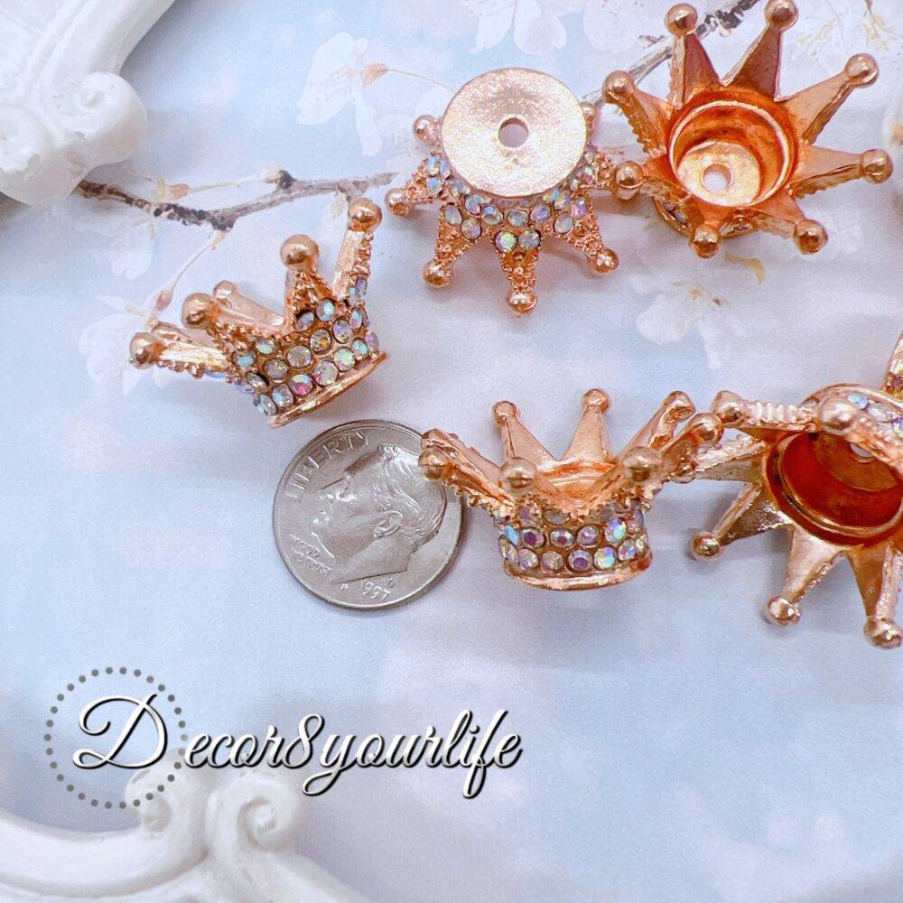 gold-tone rhinestone crown beads with intricate detailing, perfect for jewelry making, beaded pens, and craft embellishments.