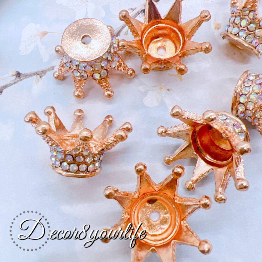 gold-tone rhinestone crown beads with intricate detailing, perfect for jewelry making, beaded pens, and craft embellishments.