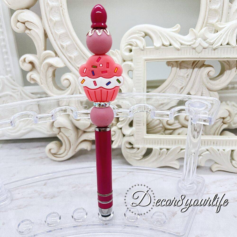 fuchsia Candy Color Beaded Stylus featuring a mix of beads, character charms, and bubble beads. Compatible with all touchscreen devices.