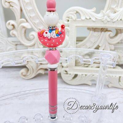 Pink Candy Color Beaded Stylus featuring a mix of beads, character charms, and bubble beads. Compatible with all touchscreen devices.