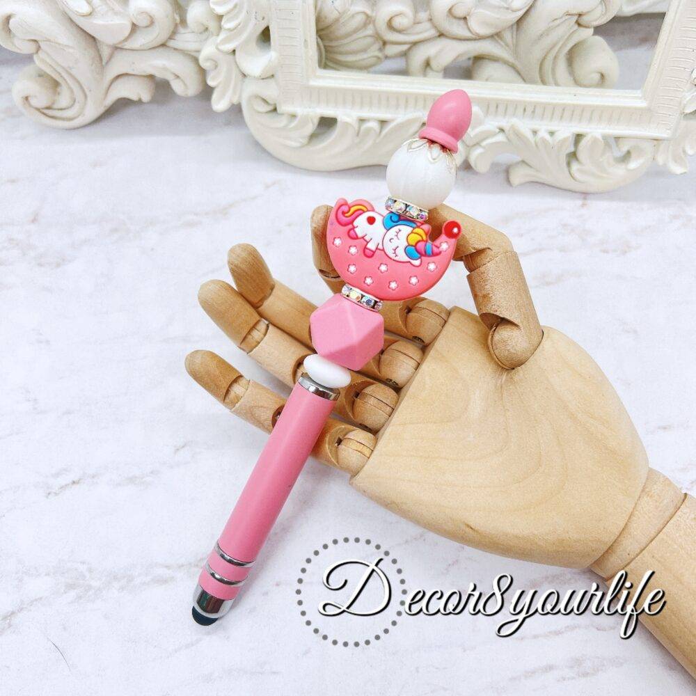 Pink Candy Color Beaded Stylus featuring a mix of beads, character charms, and bubble beads. Compatible with all touchscreen devices.