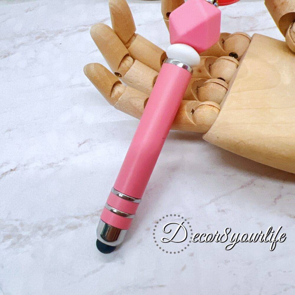 Pink Candy Color Beaded Stylus featuring a mix of beads, character charms, and bubble beads. Compatible with all touchscreen devices.