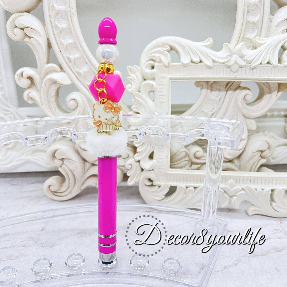 Neon Pink Candy Color Beaded Stylus featuring a mix of beads, character charms, and bubble beads. Compatible with all touchscreen devices.