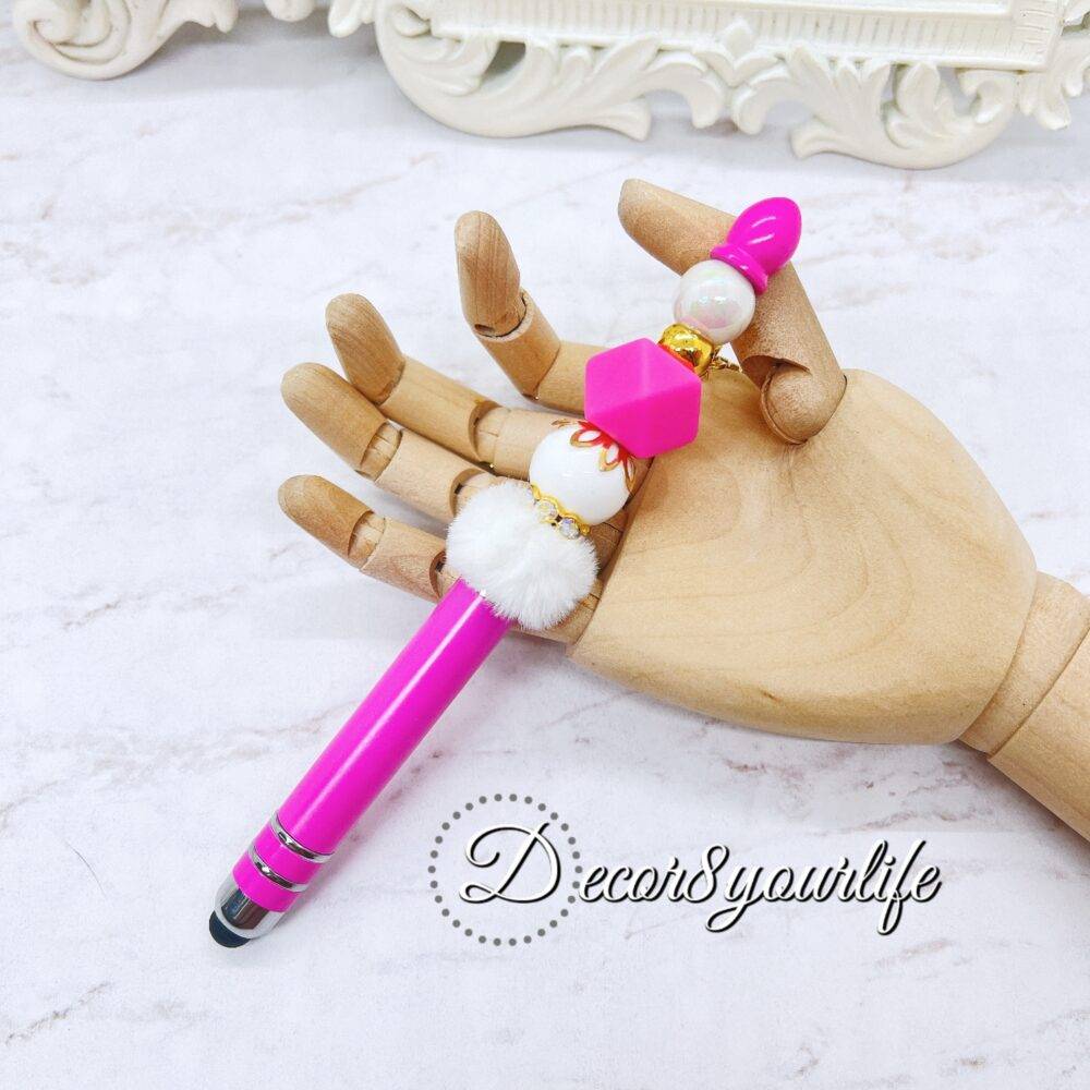 Neon Pink Candy Color Beaded Stylus featuring a mix of beads, character charms, and bubble beads. Compatible with all touchscreen devices.