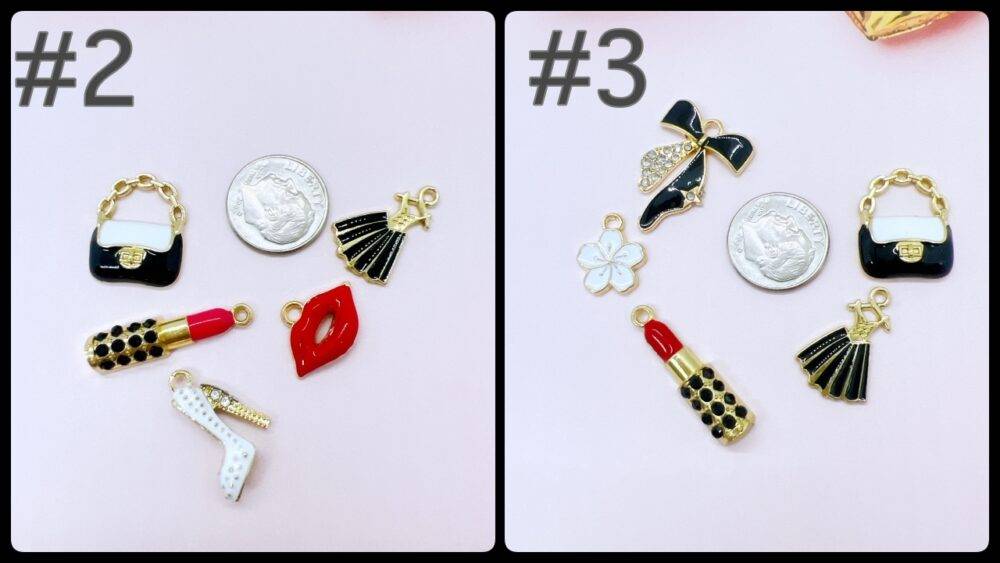 Dressy Charms Grab Bag.Elegant fashion-themed enamel charms in black, red, and gold. Each grab bag contains five unique charms for jewelry making, crafting, and DIY accessories.