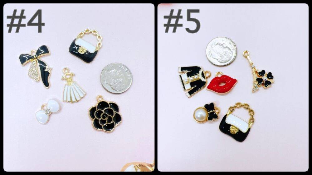 Dressy Charms Grab Bag.Elegant fashion-themed enamel charms in black, red, and gold. Each grab bag contains five unique charms for jewelry making, crafting, and DIY accessories.