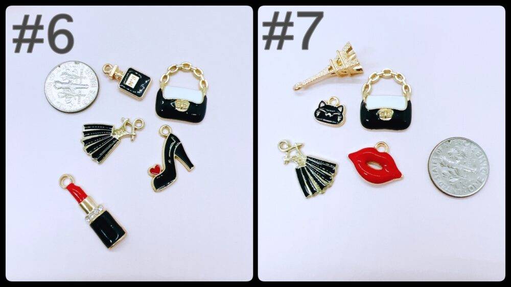 Elegant fashion-themed enamel charms in black, red, and gold. Each grab bag contains five unique charms for jewelry making, crafting, and DIY accessories.