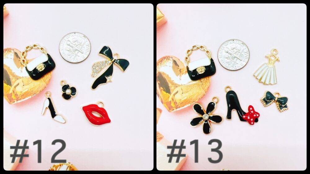 Elegant fashion-themed enamel charms in black, red, and gold. Each grab bag contains five unique charms for jewelry making, crafting, and DIY accessories.