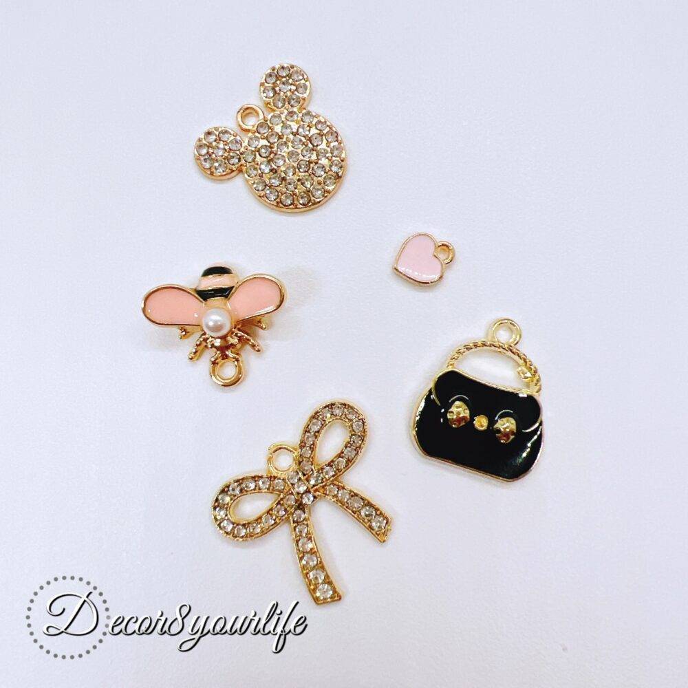 Elegant Pink and Black Dressy Charms with Rhinestones