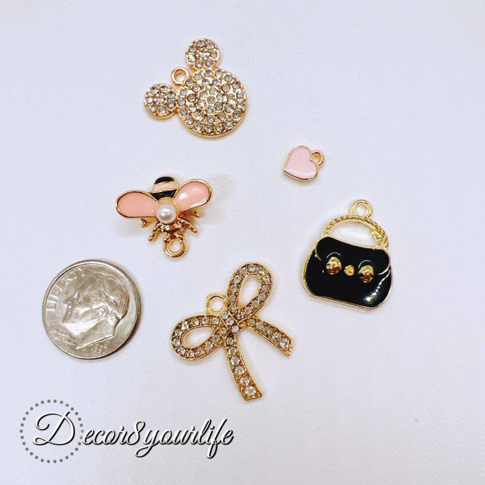 Elegant Pink and Black Dressy Charms with Rhinestones