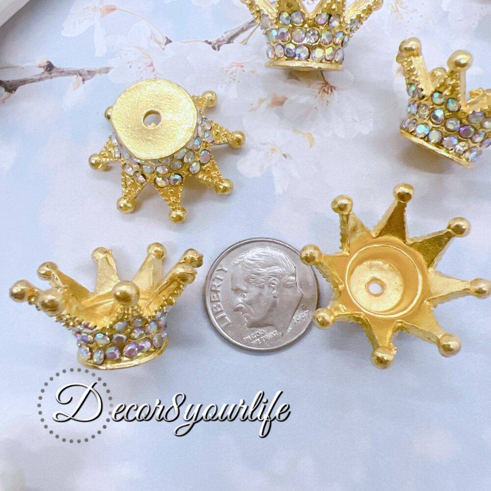 gold-tone rhinestone crown beads with intricate detailing, perfect for jewelry making, beaded pens, and craft embellishments.