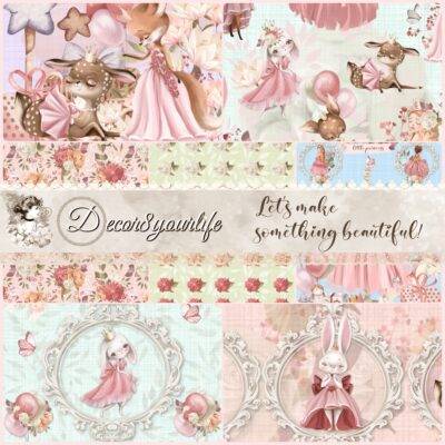 My Sweet Little Princess scrapbook paper by Decor8yourlife, featuring pastel woodland animals, florals, and heart designs, perfect for scrapbooking, journaling, and crafting.